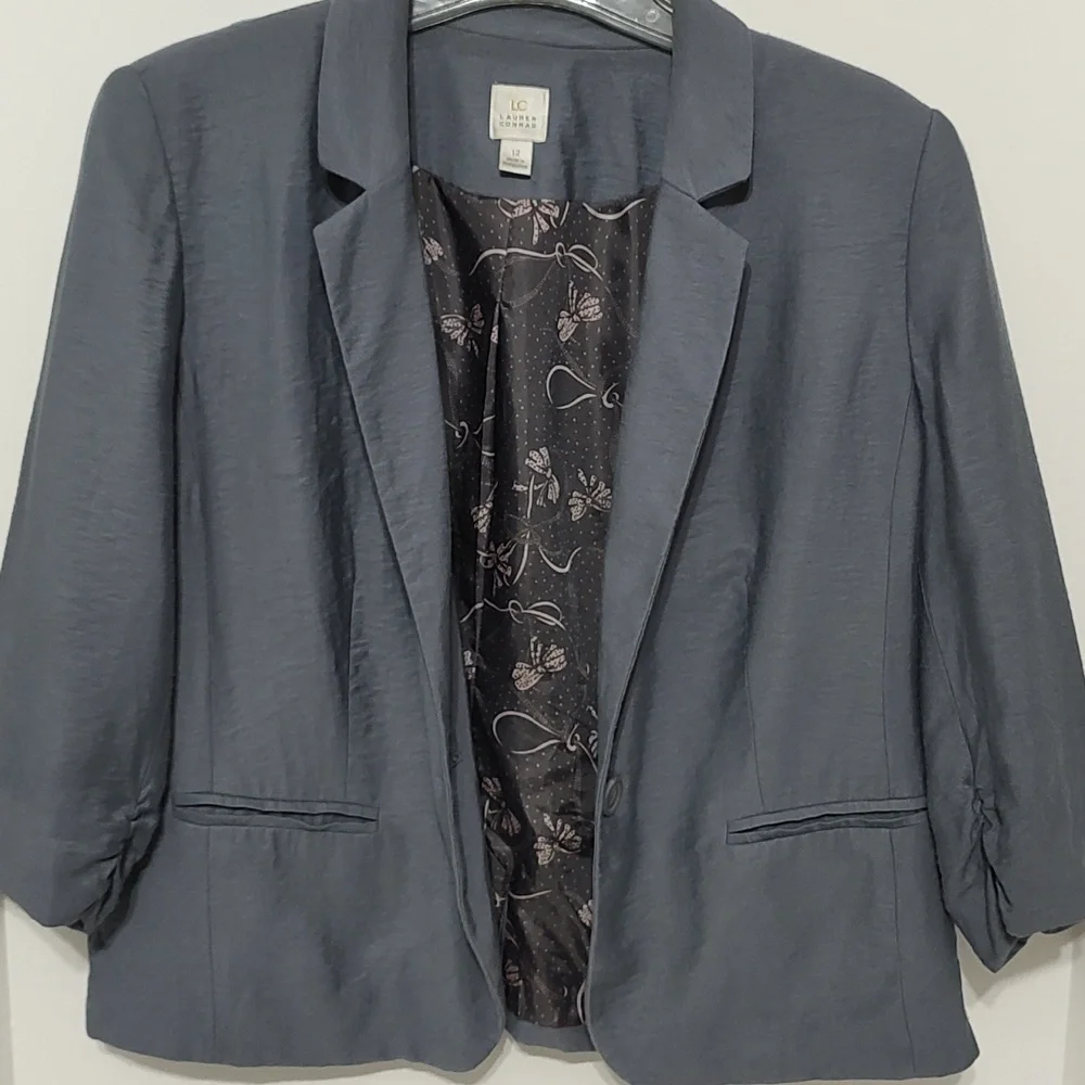 Lauren Conrad Blue Gray Cropped Blazer w/ Ruched 3/4 Sleeves sz 12 - Picture 2 of 9